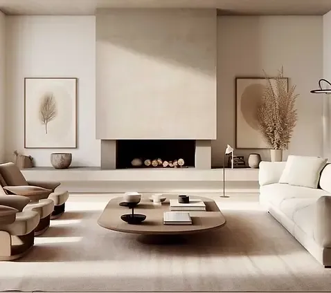 Warm, layered living room with tailored seating and sculptural lighting